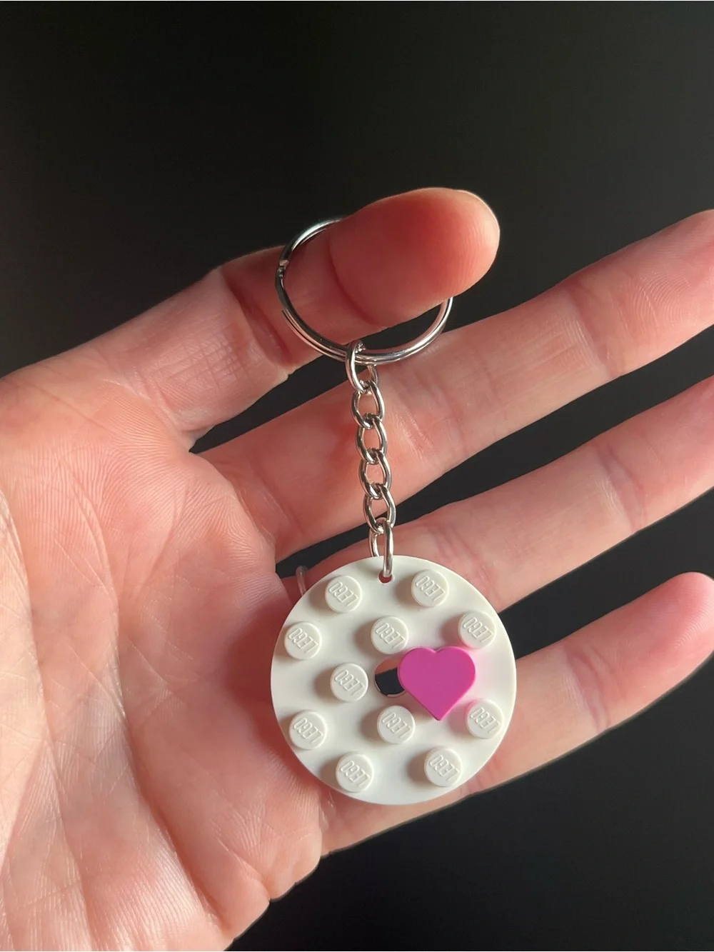 Lego White Round Keychain with Pink Heart - Handmade
